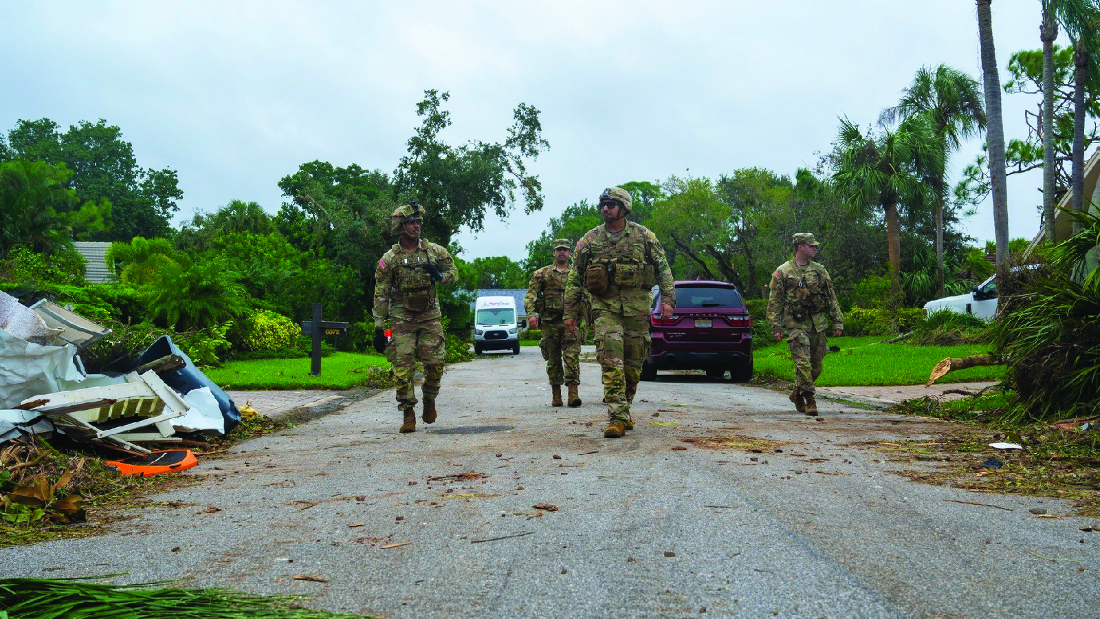 Soldiers from the Florida and South Carolina National Guard search for residents needing assistance near Stuart, Florida, Oct. 10, 2024.