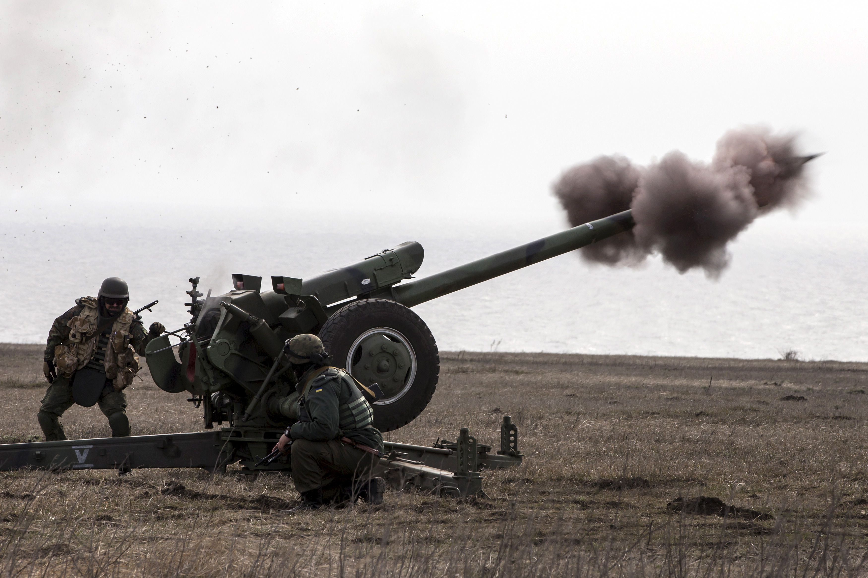 Ukraine's voluntary militia holds artillery training in Urzuf, Ukraine on March 19, 2015. 