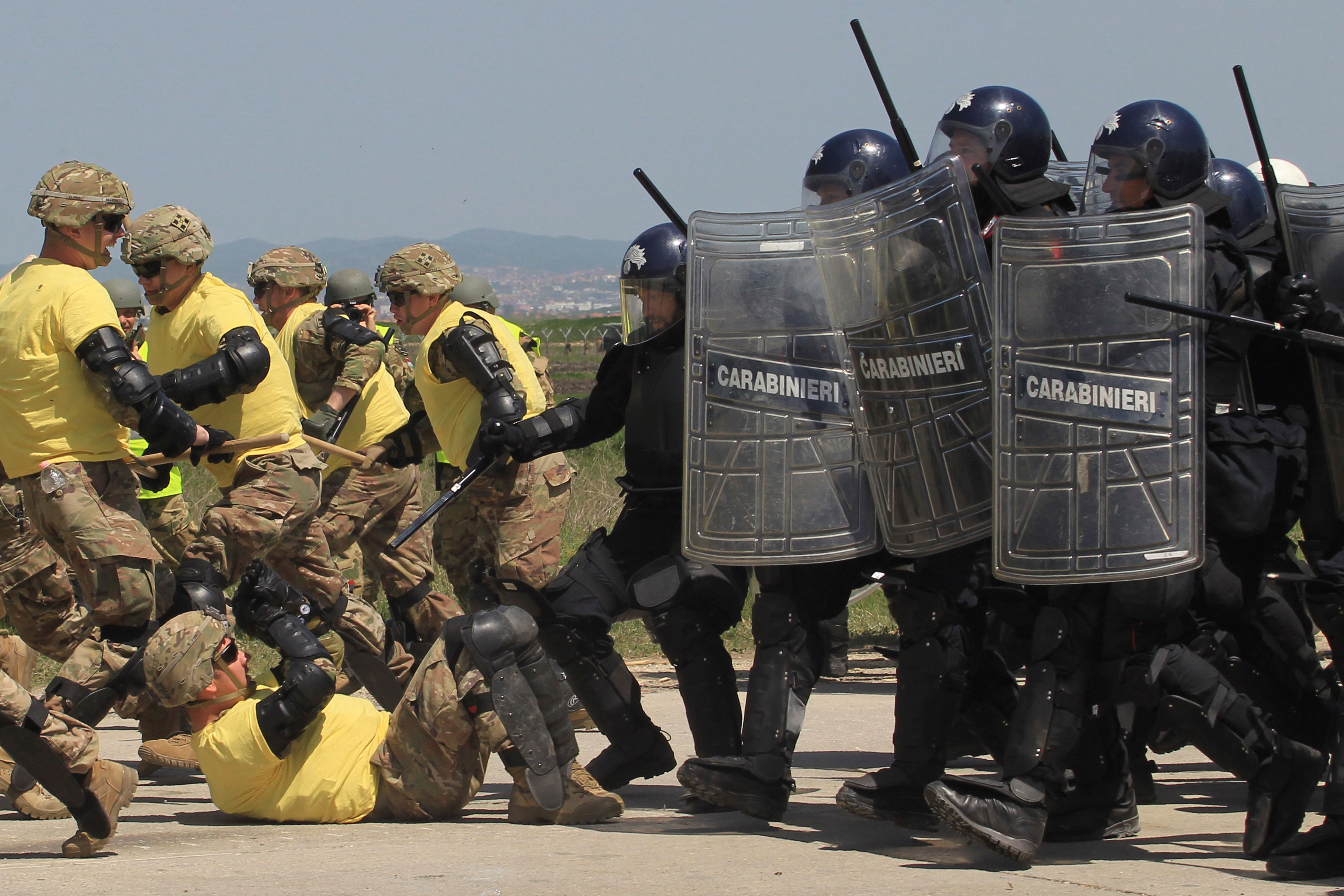 NATO's KFOR, EULEX, Kosovo Security Forces, and police conduct a riot control drill in Pristina, Kosovo, on April 27, 2018. 