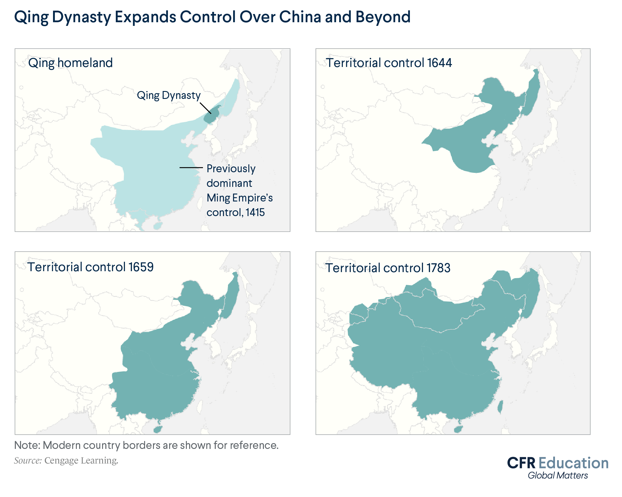 Map showing how the Qing Dynasty expanded from just a small area in Manchuria to control all of modern China, modern Mongolia and other neighboring territory, between the early 1600s and the late 1700s