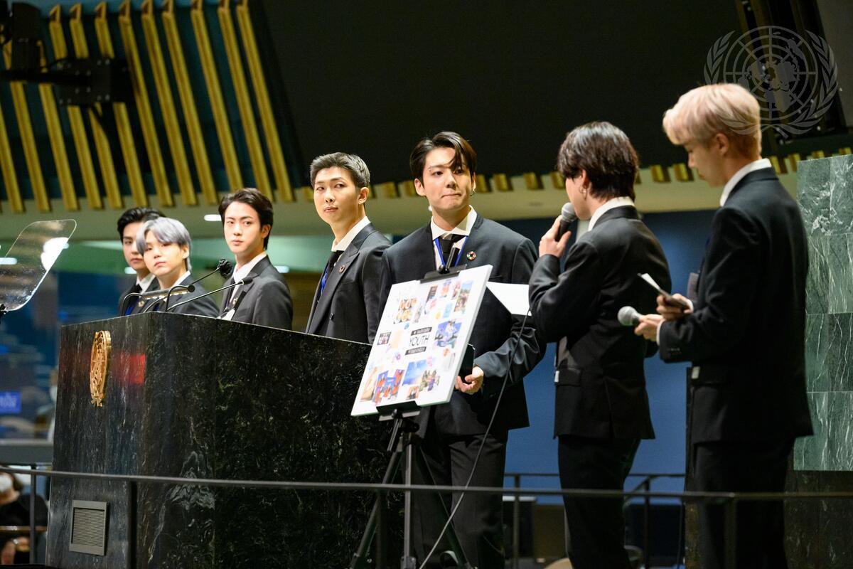 Members of BTS, a South Korean boy band, give remarks and perform during the Sustainable Development Goals (SDG) Moment at the UN in New York, United States, on September 20, 2021.