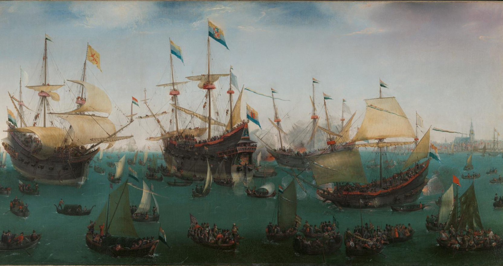 A painting of Dutch ships returning to Amsterdam from the Indies in 1599. 