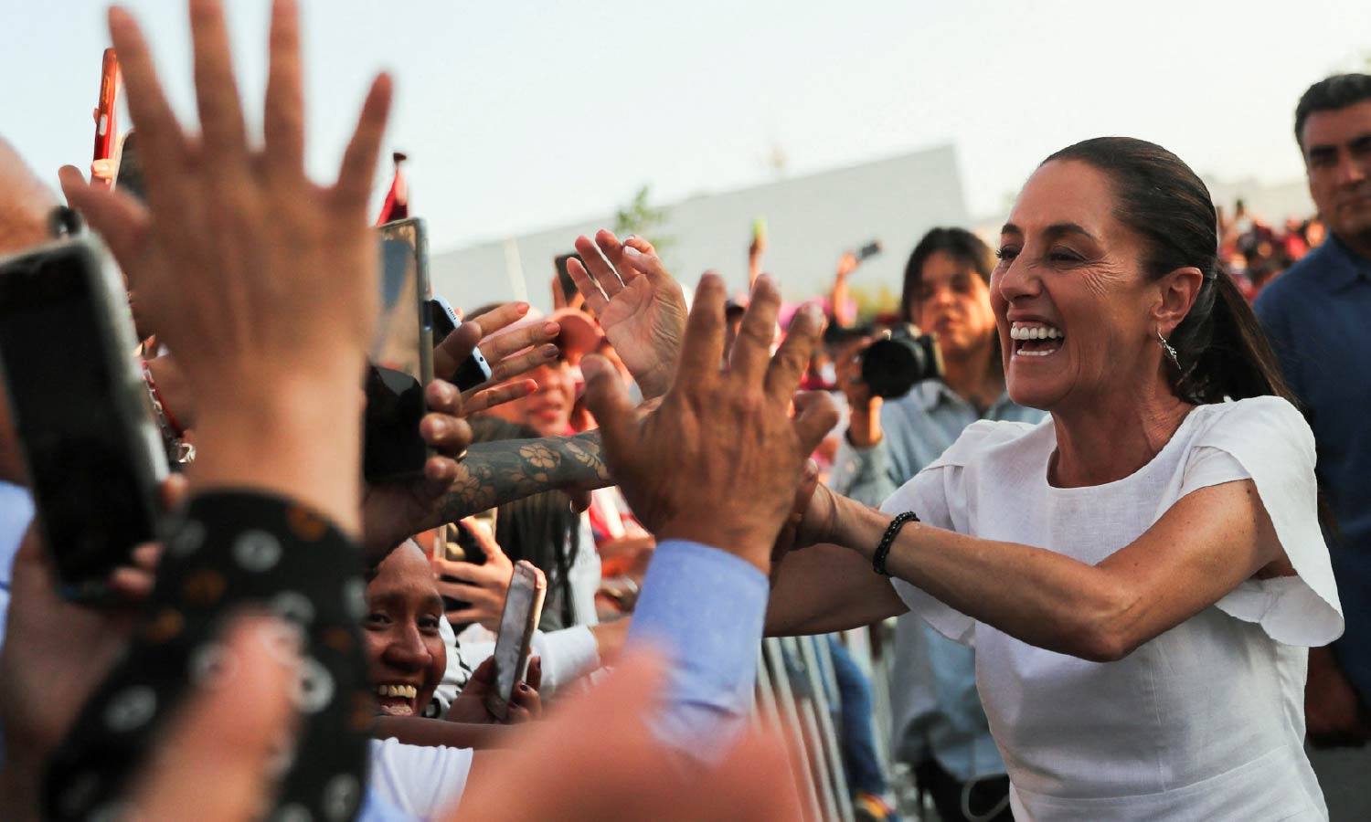 Presidential candidate of the ruling Morena party Claudia Sheinbaum greets people at a campaign rally in Nezahualcoyotl, State of Mexico, Mexico.