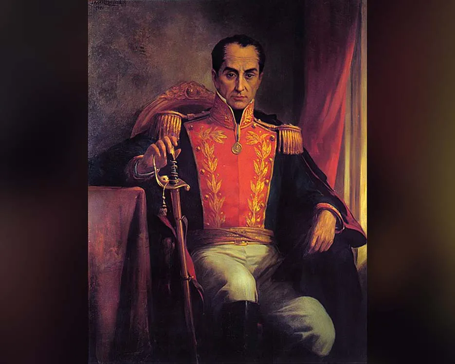 An oil painting of a seated Simón Bolívar holding a sword.