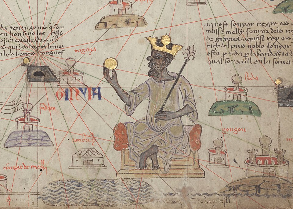 Section of Abraham Cresques’ Catalan Atlas from circa 1375 showing Mansa Musa, ruler of the Mali Empire, sitting on a throne and holding a gold coin.
