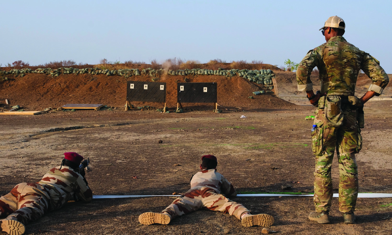 Mauritanian military personnel train at a firing range during the annual counter-terrorism program Flintlock, in Daboya, Ghana March 1, 2023.