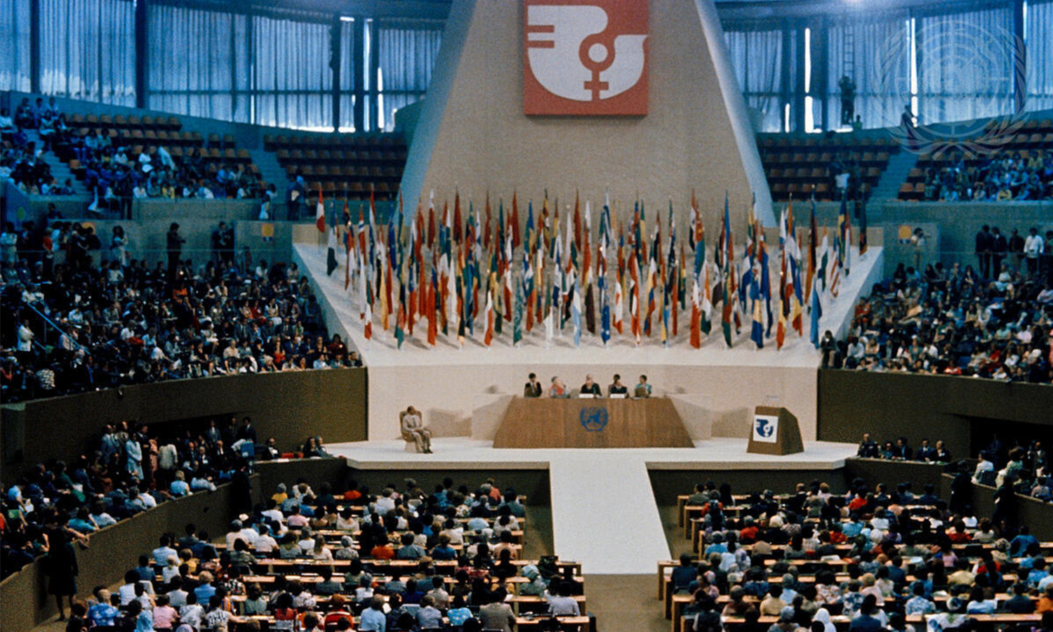 A general view of the inauguration ceremony of the Conference. Seated at the right of the presiding table is President Luis Echeverria of Mexico.
