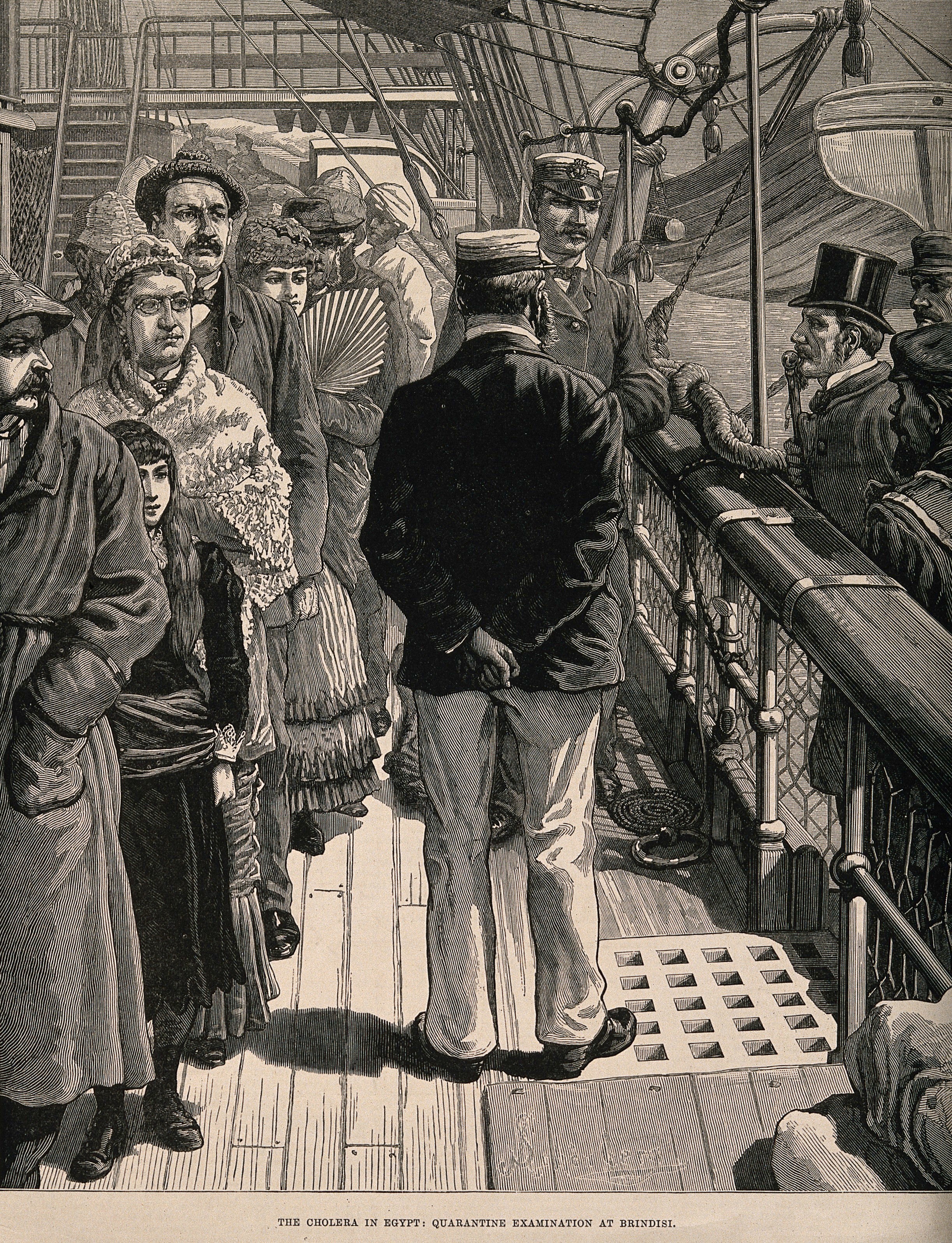 A wood engraving of passengers on a ship undergoing quarantine examination during the Egyptian cholera epidemic of 1883. Source: Wellcome Collection via CC BY 4.0.