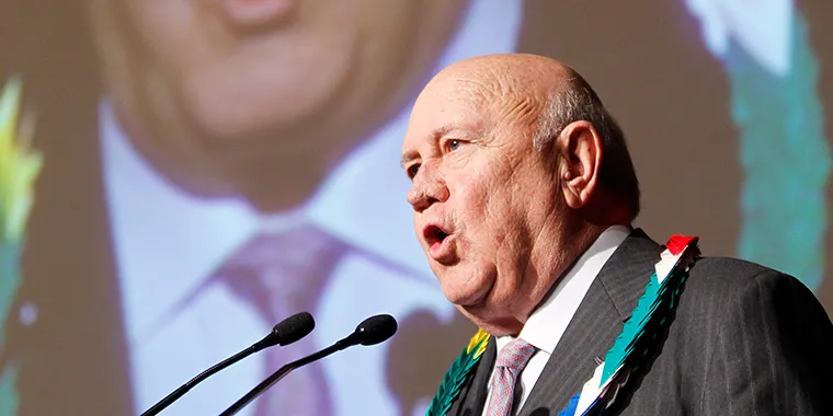 F. W. de Klerk, former president of South Africa, delivers a speech at a summit on nuclear nonproliferation in Hiroshima, Japan, on November 12, 2010.