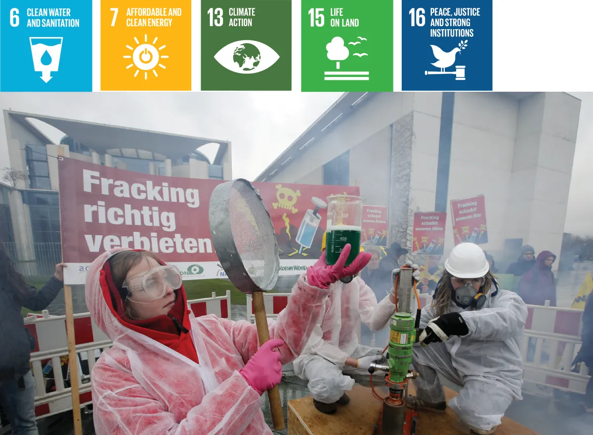 Photo of members of environmental activist groups performing during a protest against fracking technology in front of the chancellery, in Berlin. Above photo are icons for SDGs # 6, 7, 13, 15, 16. For more info contact us at world101@cfr.org.