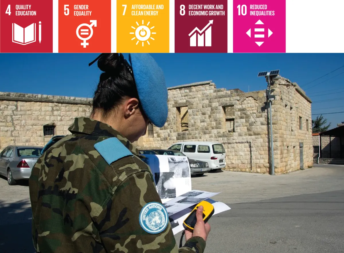 Photo of a UN Interim Force in Lebanon peacekeeper reviews the installation of solar street lighting in Ibl al-Saqi.  Icons for SDGs #4, 5, 7. 8, and 10 are above the photo. For more info contact us at world101@cfr.org.