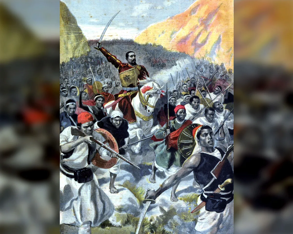 An illustration depicting Ras Makonnen, the Ethiopian general who defeated the Italian forces at the Battle of Amba Alagi in December 7, 1895, from the French newspaper Le Petit Journal Supplément Illustré, published on December 29, 1895.