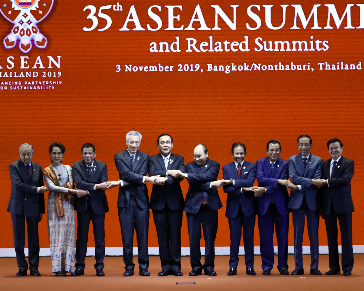 A photo showing leaders of the Association of Southeast Asian Nations shaking hands at the Opening Ceremony of the 35th Asean Summit in Bangkok, Thailand on November 3, 2019.