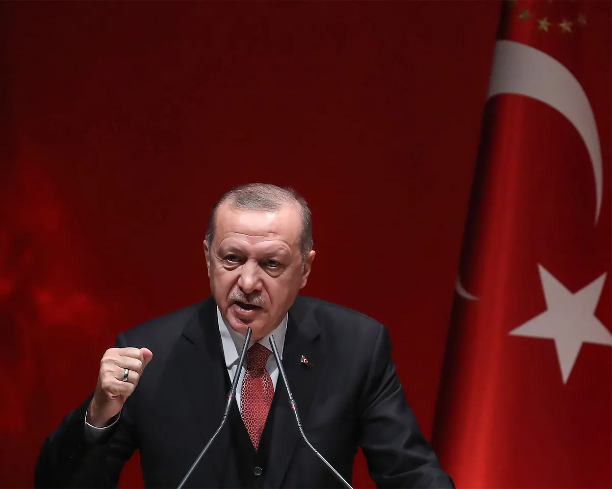 A photo showing Turkish President Recep Tayyip Erdogan addressing provincial election officials at the headquarters of his ruling Justice and Development (AK) Party in Ankara, Turkey on January 29, 2019.