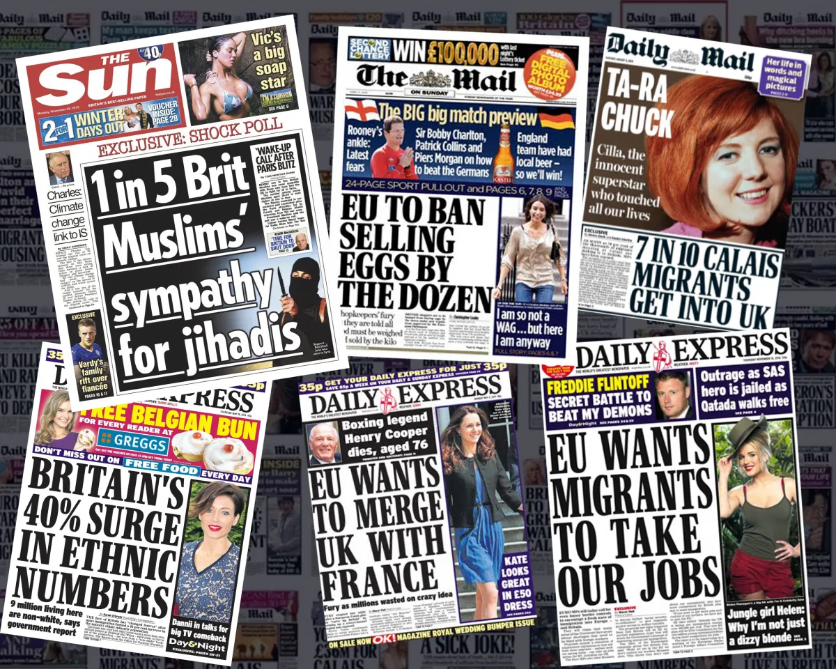 A collage of the front pages of various British tabloids with headlines illustrating Euroscepticism.