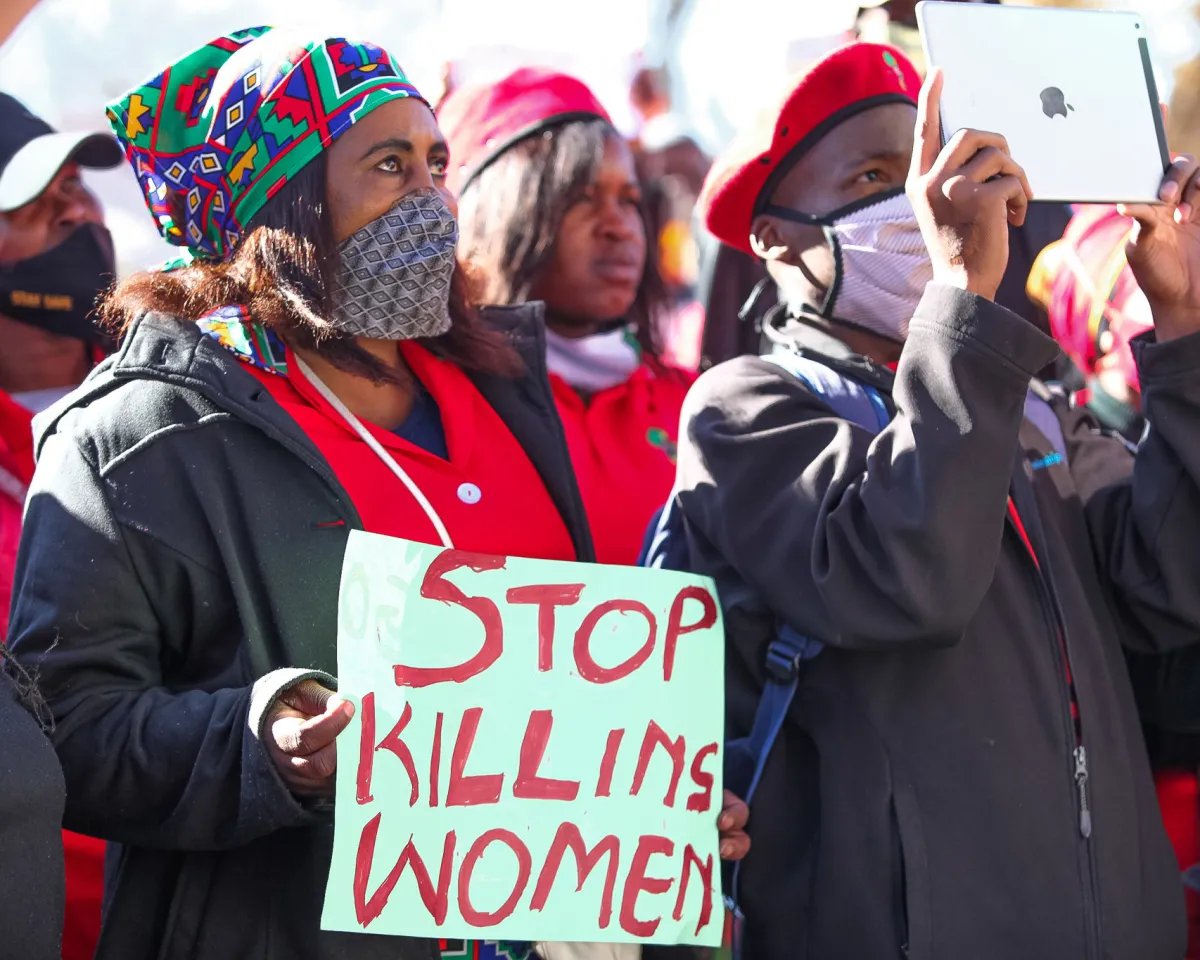 A photo showing activists gathering outside the Roodepoort Magistrate's Court on June 24, 2020, in Johannesburg, South Africa.