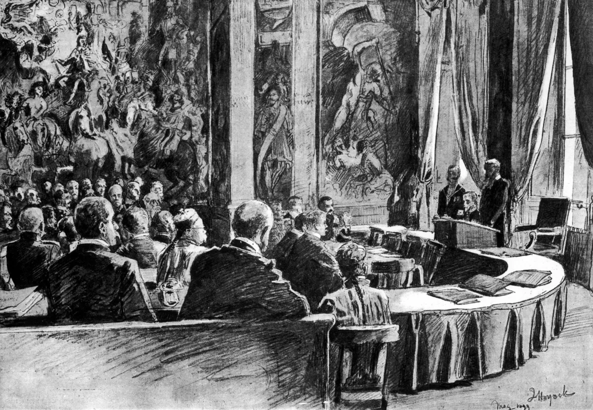 Illustration of men in suits at conference in hall with large paintings on walls, and two men are addressing the group from a podium.