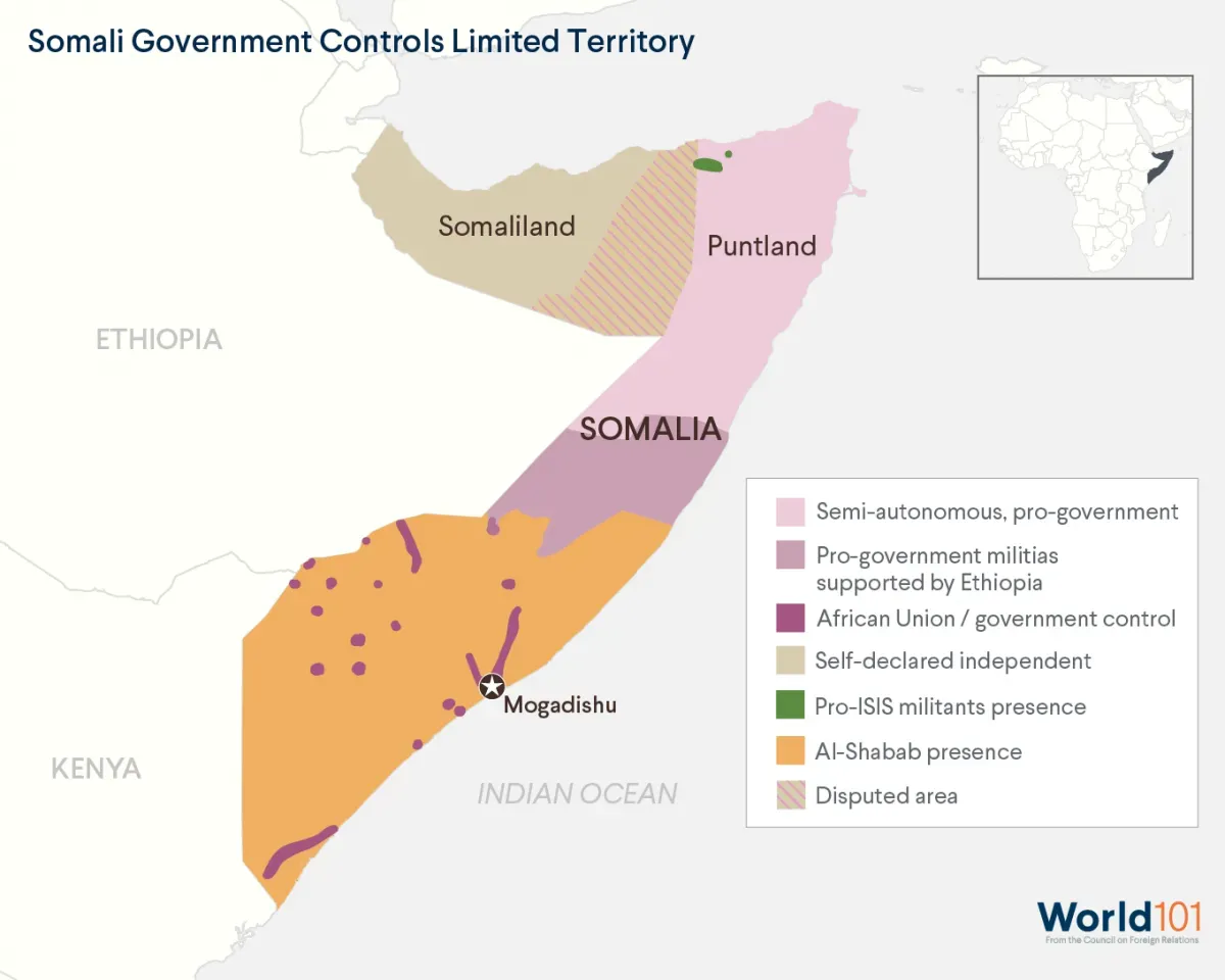 Map shows how the Somali government only controls a limited area of Somalia, with various other separatist groups present in vast swaths of the country. For more info contact us at world101@cfr.org.