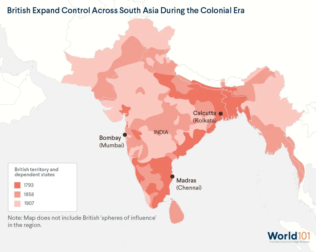 Map showing how British control expanded across South Asia (including modern India, Pakistan, Bangladesh, and Myanmar) during the colonial era. For more info contact us at world101@cfr.org.