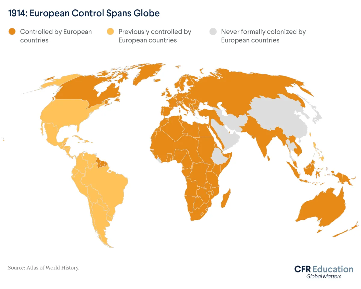 Map showing that by 1914 most of the world was either controlled by European countries, or had previously been controlled by European countries. For more info contact us at cfr_education@cfr.org.
