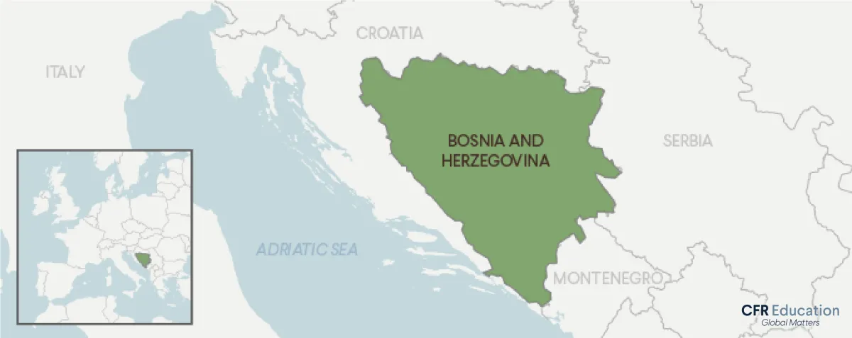 This map shows where Bosnia and Herzegovina is in relation to Europe.  For more info contact us at cfr_education@cfr.org.