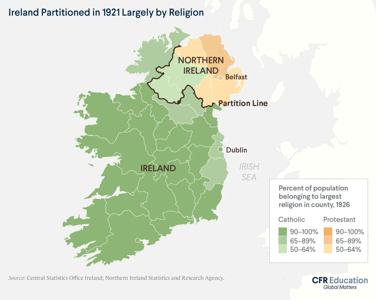 Map of how the northern part of Ireland, which was less Catholic and more Protestant, was partitioned from the rest of the country in 1921. For more info contact us at cfr_education@cfr.org.