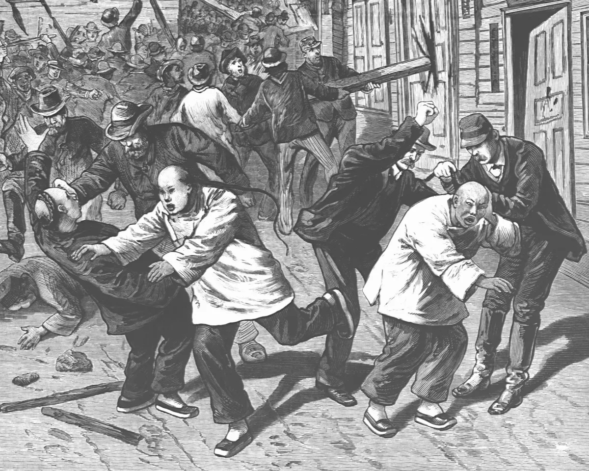 Illustration of chinese men being attacked by white men in Denver in 1880