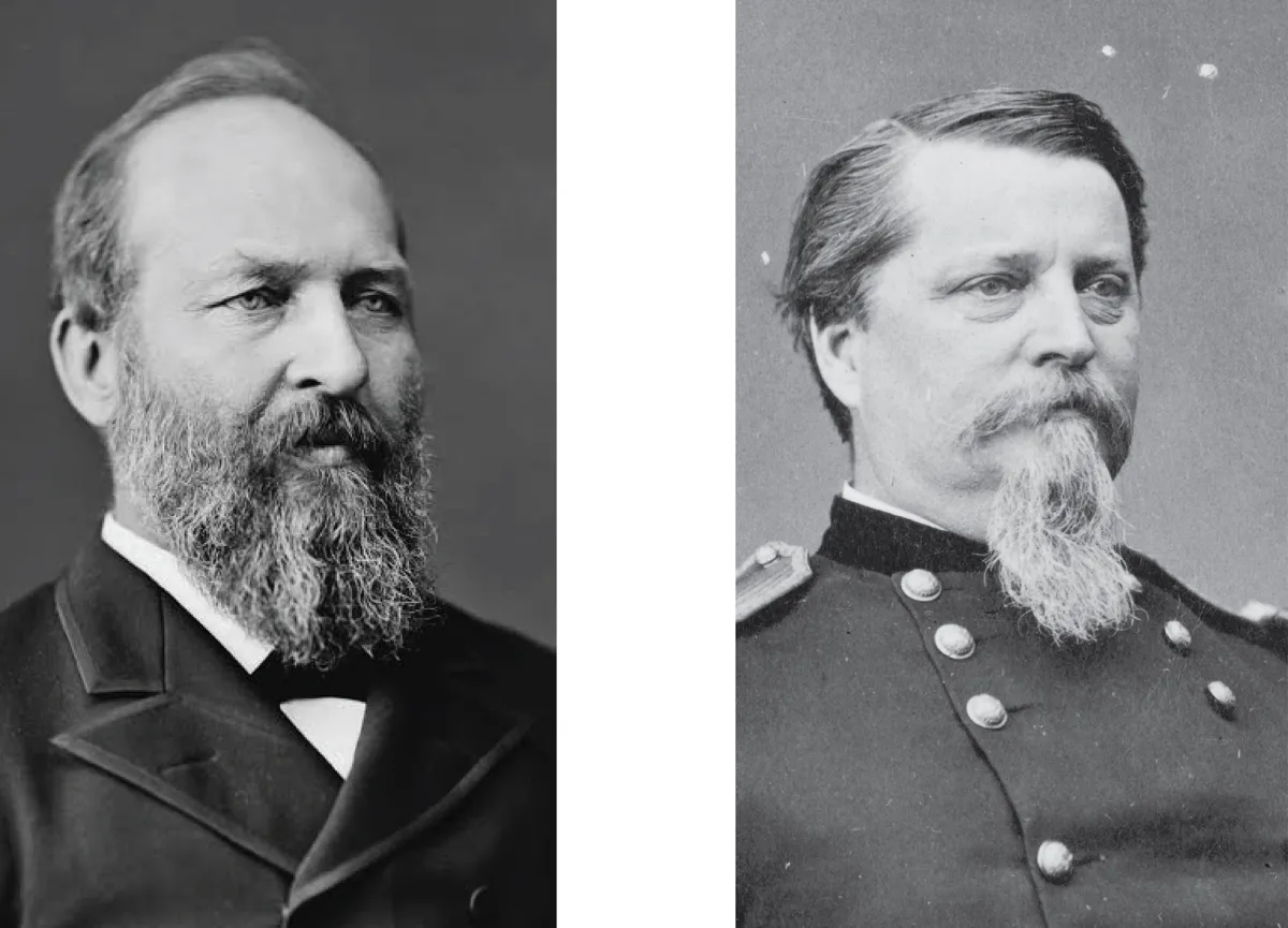 Two black and white photographs of James Garfield and Winifield Scott Hancock