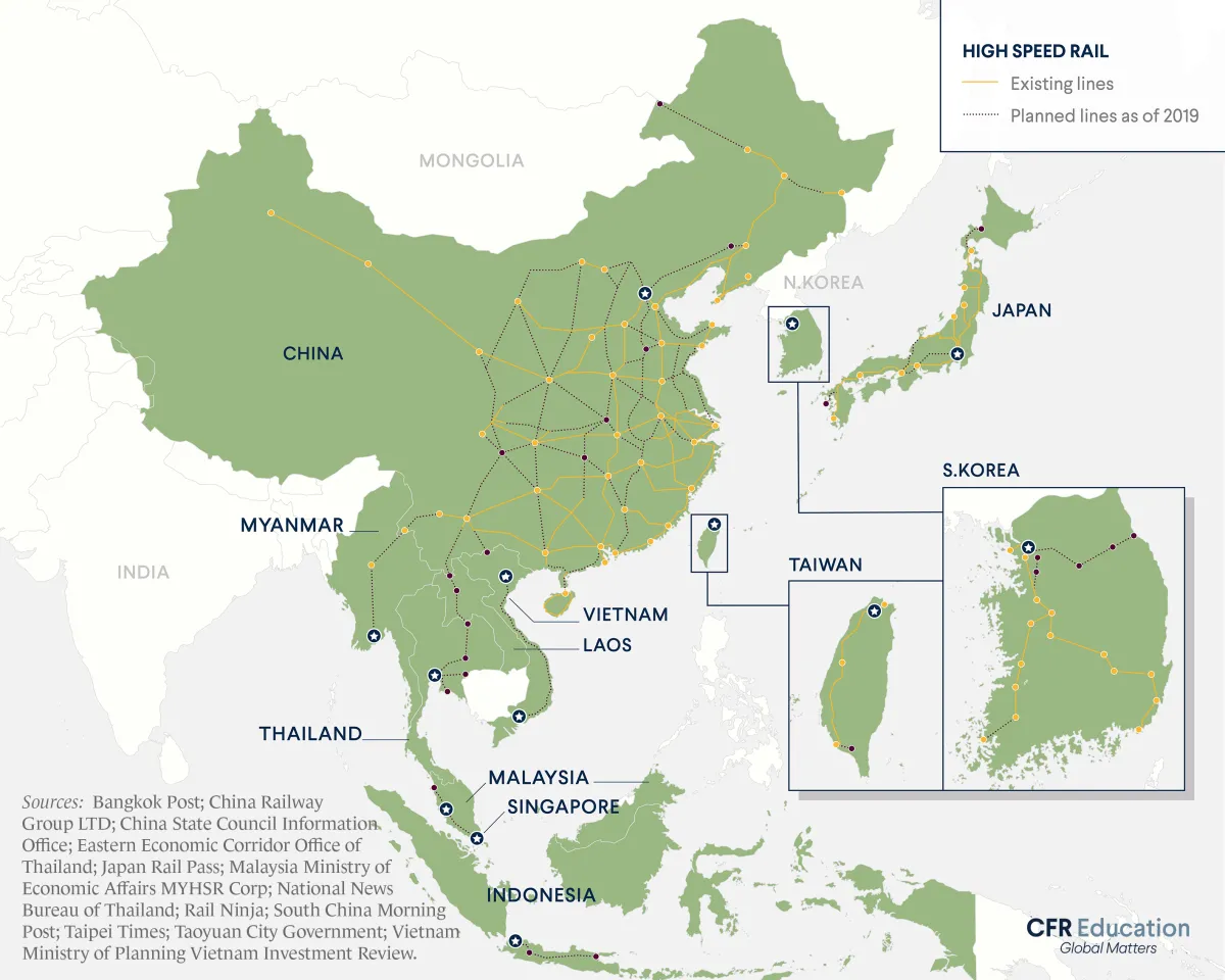 Map showing both existing and planned high-speed rail lines in East Asia and the Pacific.  For more info contact us at cfr_education@cfr.org.