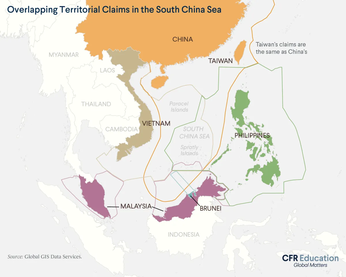 Map showing how six different countries (China, Taiwan, Vietnam, Malaysia, Brunei, and the Philippines) have overlapping territorial claims in the South China Sea. For more info contact us at cfr_education@cfr.org.
