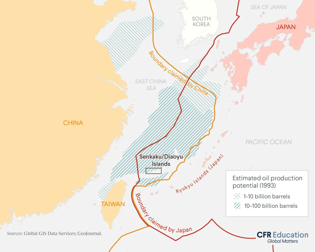 Map showing the overlapping territorial claims in the East China Sea. Source: Global GIS Data Services; GeoJournal. For more info contact us at cfr_education@cfr.org.