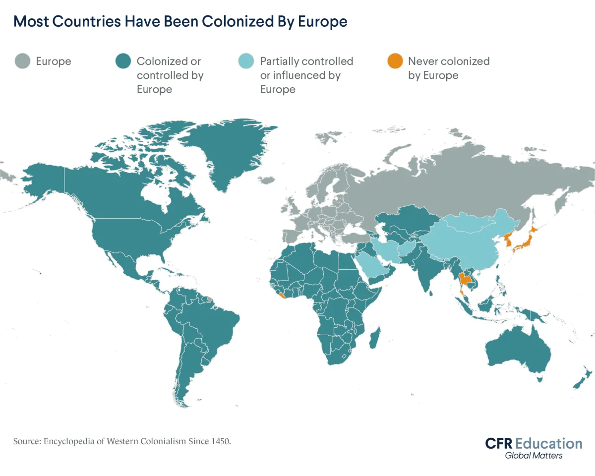 Map shows that most countries have been colonized by a European country. Source: Encyclopedia of Western Colonialism Since 1450. For more info contact us at cfr_education@cfr.org.