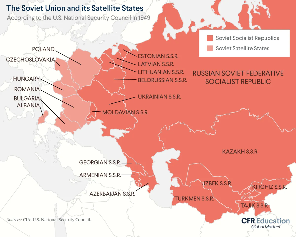 Map shows the Soviet Union and its satellite states according to the U.S. National Security Council in 1949. Sources: CIA; U.S. National Security Council. For more info contact us at cfr_education@cfr.org.