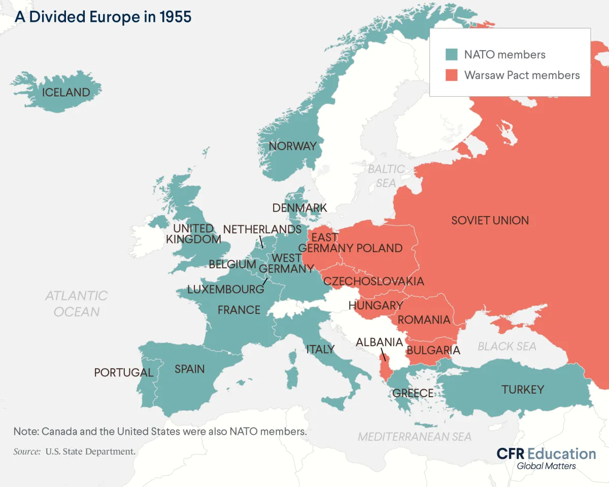 Map shows NATO members and Warsaw Pact members in Europe in 1955. Source: U.S. State Department. For more info contact us at cfr_education@cfr.org.