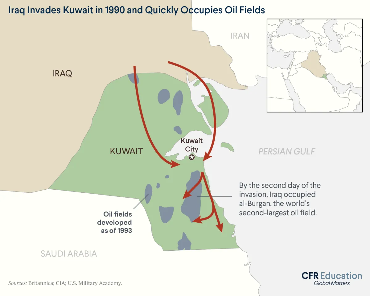 This map shows how on the second day of Iraq's invasion into Kuwait, they quickly occupied oil fields.  For more info contact us at cfr_education@cfr.org.