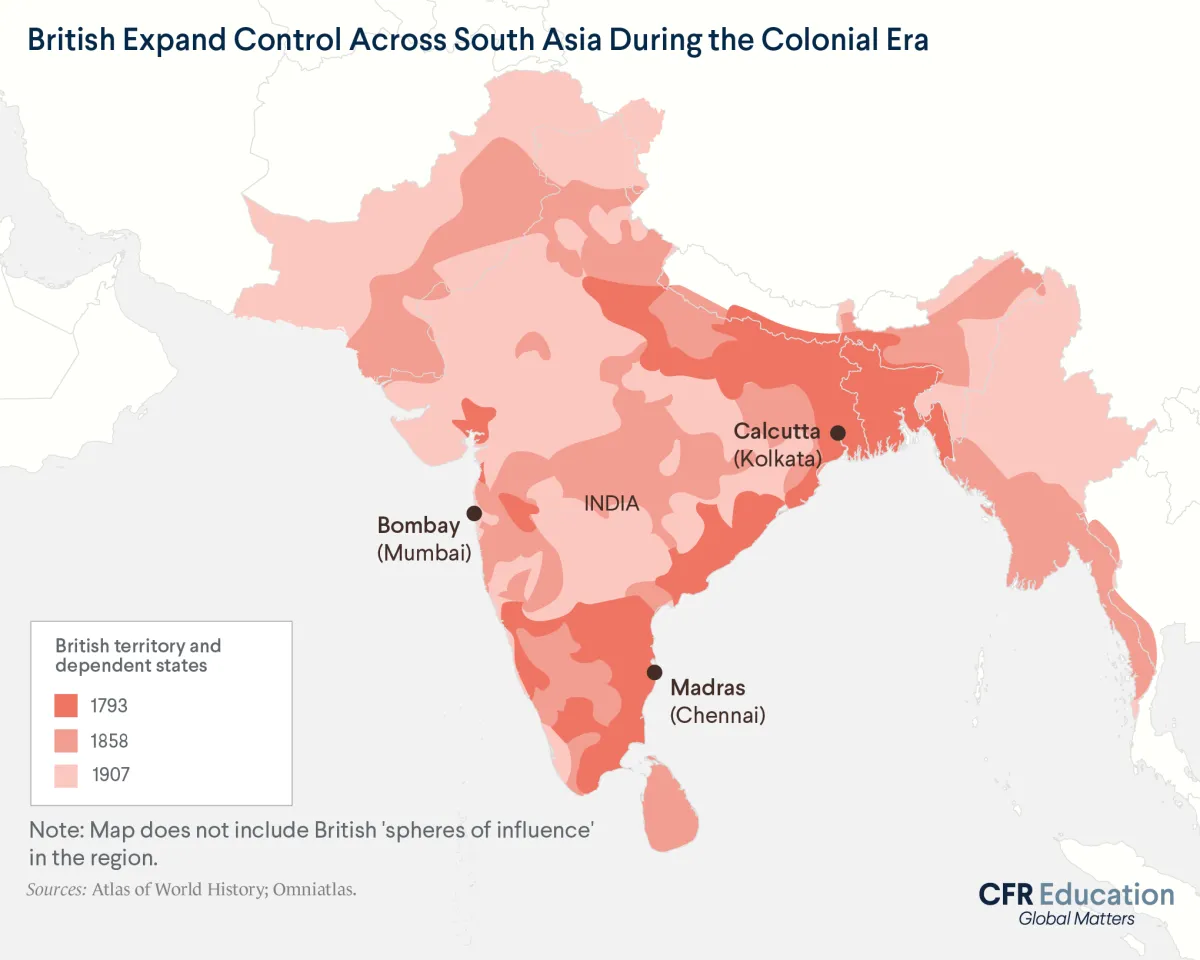 Map showing how British control expanded across South Asia (including modern India, Pakistan, Bangladesh, and Myanmar) during the colonial era. For more info contact us at cfr_education@cfr.org.