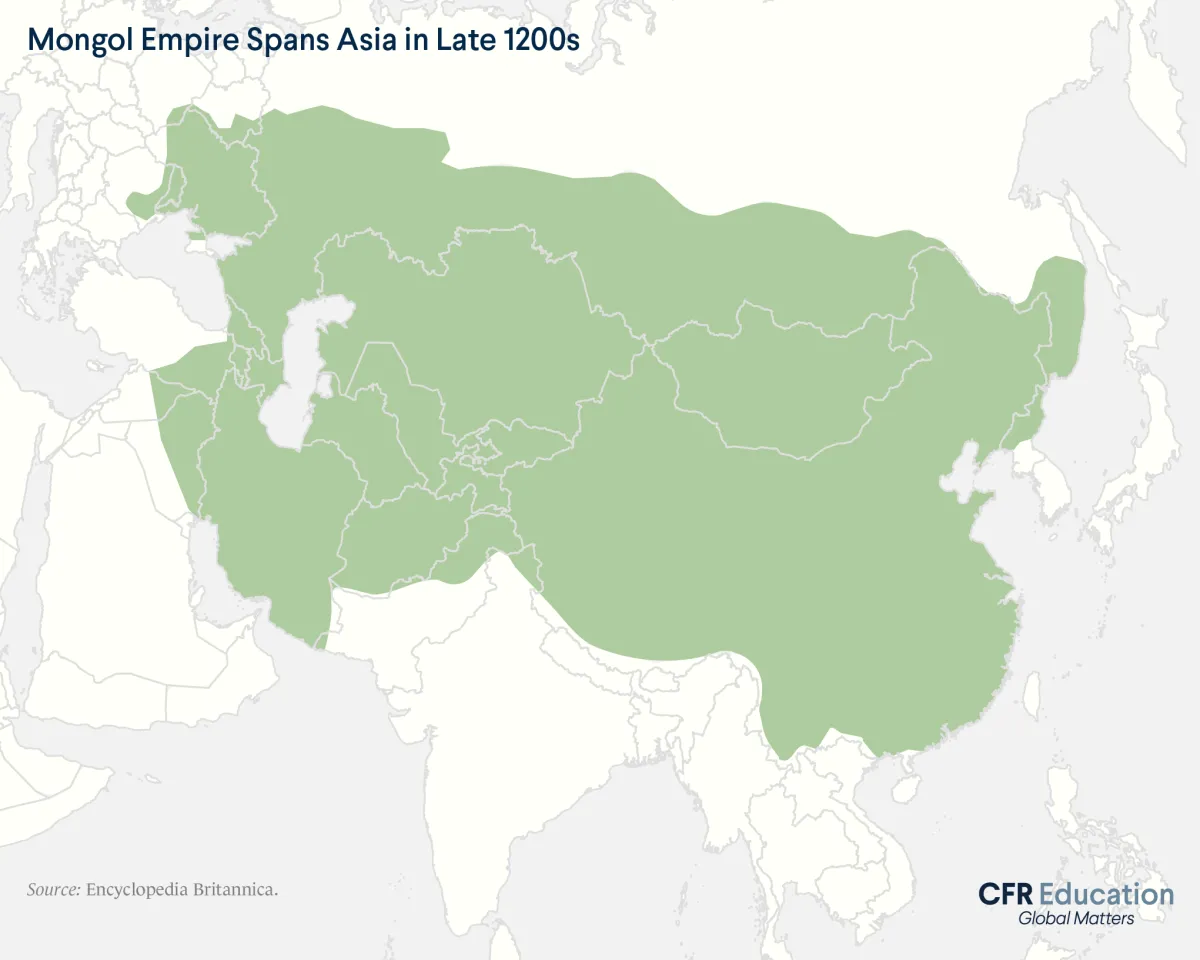 Map showing how the Mongol Empire spanned from Eastern Europe all the way to the South China Sea in the late 1200s. For more info contact us at cfr_education@cfr.org.