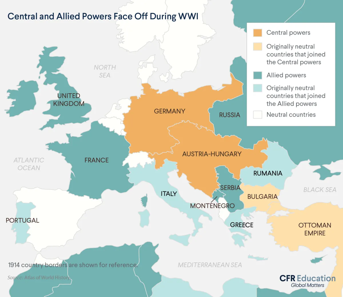 Map of the Allies and Central powers  in Europe that faced off during WWI. For more info contact us at cfr_education@cfr.org.