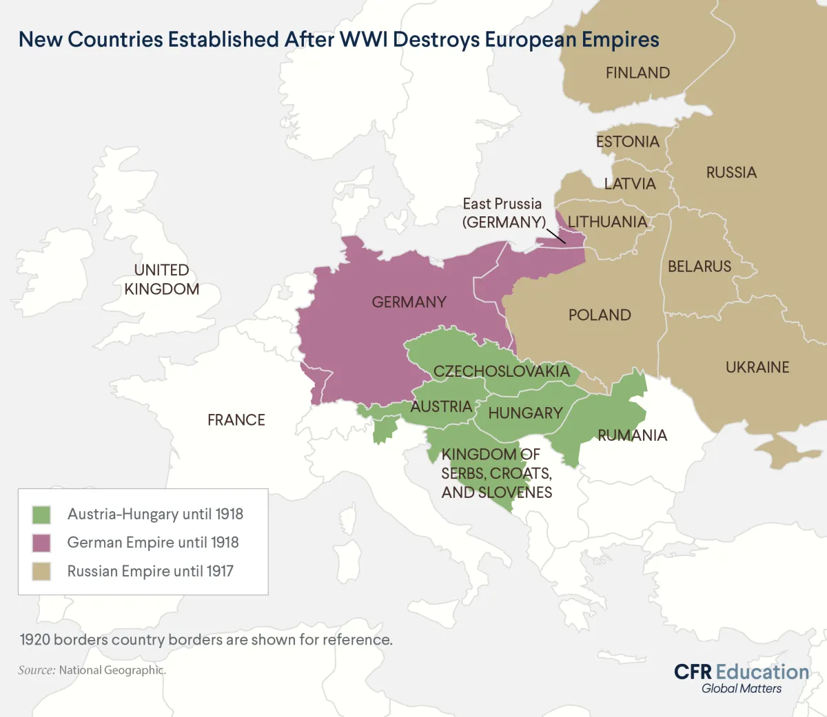 Map of new European countries that were established after World War One destroyed the Russian, German, and Austro-Hungarian empires. For more info contact us at cfr_education@cfr.org.
