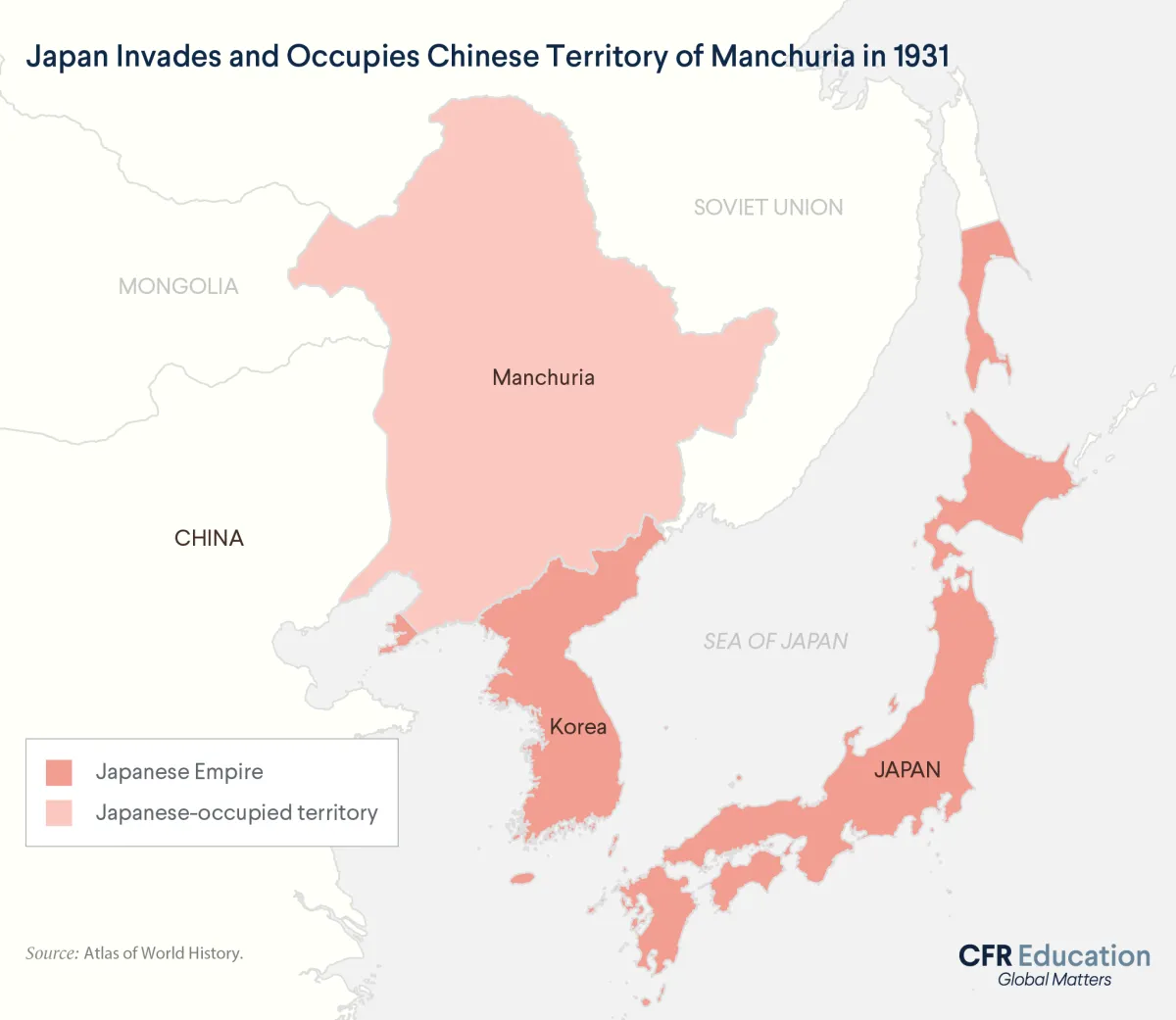 Map of the Japanese Empire and the Chinese territory Manchuria it occupied in 1931. For more info contact us at cfr_education@cfr.org.
