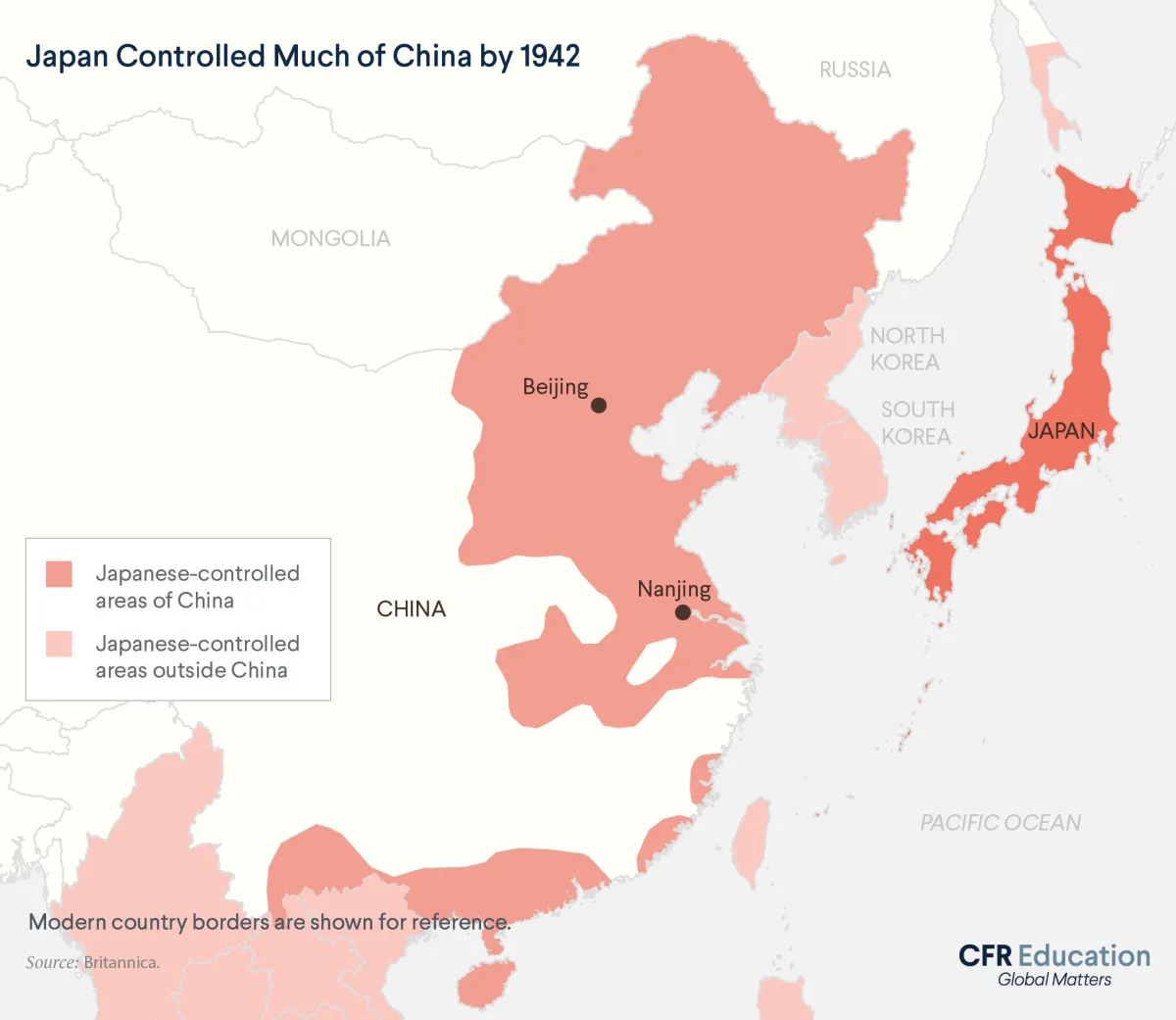 Map showing how Japan controlled much of China, particularly the northeast, by 1942. For more info contact us at world101@cfr.org. For more info contact us at cfr_education@cfr.org.