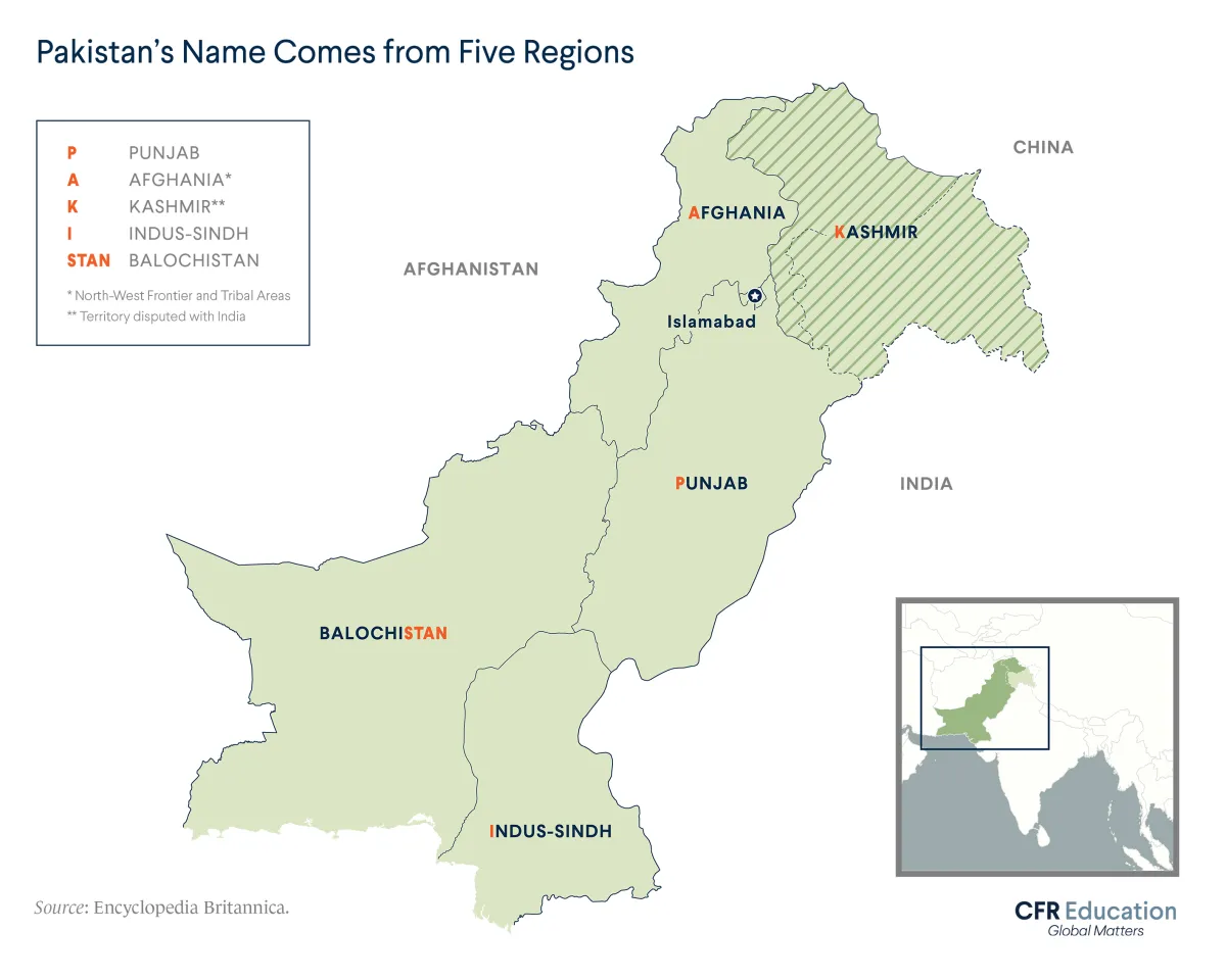 Map shows the regions from which Pakistan takes its name: Punjab, Afghania, Kashmir, Indus-Sindh, and Balochistan. For more info contact us at cfr_education@cfr.org.