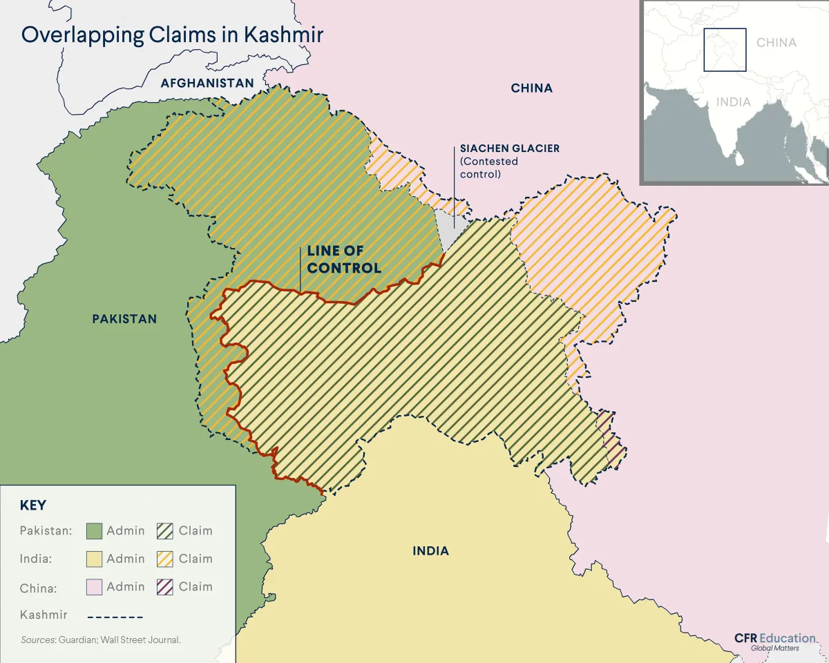 Map shows the overlapping territorial claims in Kashmir. For more info contact us at cfr_education@cfr.org.