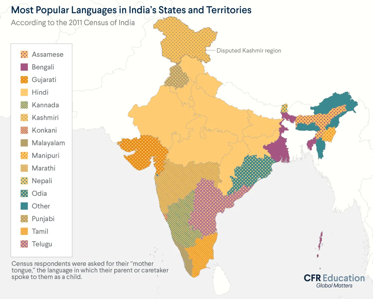 Map shows the most popular language in each of India's states and territories. Source: 2011 Census of India. For more info contact us at cfr_education@cfr.org.