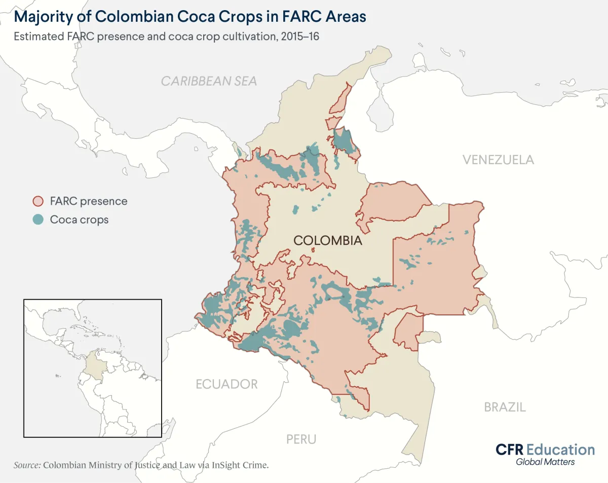 Map shows that the majority of coca plants are grown in Colombian areas administered by FARC, an insurgent group in the ongoing conflict in Colombia. For more info contact us at cfr_education@cfr.org.
