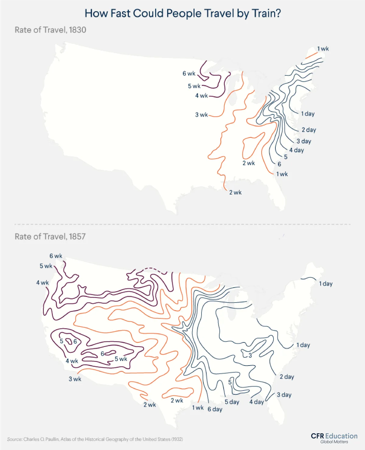 Maps show how the speed Americans could travel by train increased dramatically during the 19th Century. For more info contact us at cfr_education@cfr.org.