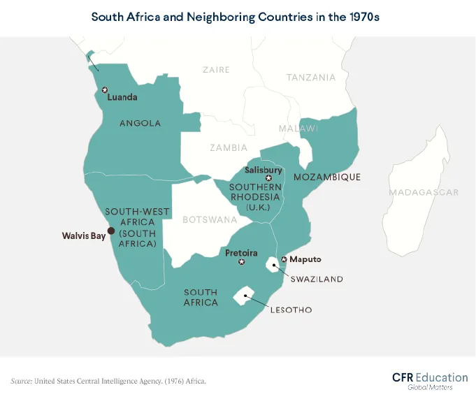 Graphic shows the 1976 map of countries in southern Africa. For more info contact us at cfr_education@cfr.org.