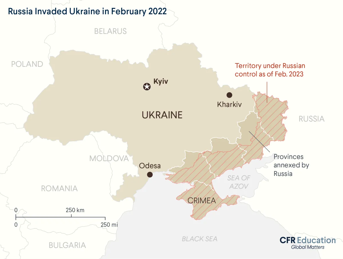 Map of Ukraine showing the provinces annexed by Russia as part of its 2022 invasion as well as the territory that remains under Russian control as of Feb. 2023. For more info contact us at cfr_education@cfr.org.
