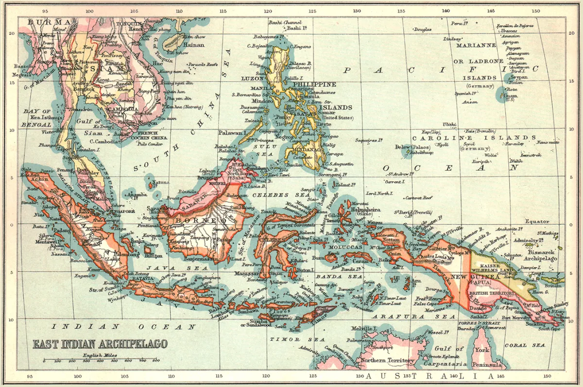 Map from 1902 showing the Philippines, Indonesia, and other parts of Southeast Asia with different shading based off of political control.