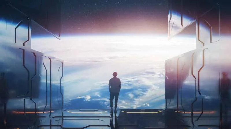 A man stands on the edge of a spaceship, surveying planet Earth. 